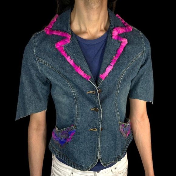 Handmade Reworked Cut Denim Top Hand Dyed Yarn Blazer Spring Jacket Boho Baby - Picture 2 of 4
